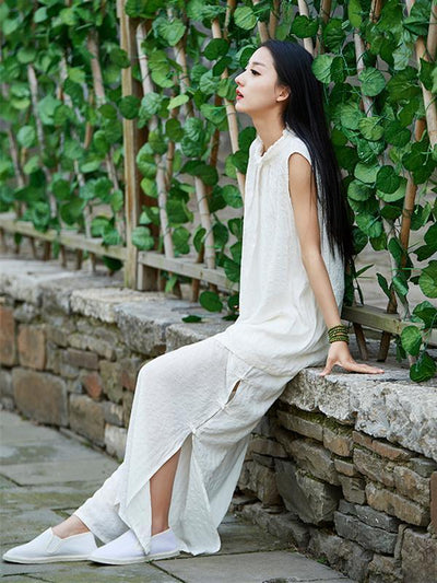 Creamy&Pink Split-side Ramie Cotton Casual Pants