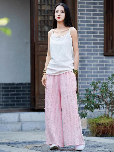 Creamy&Pink Split-side Ramie Cotton Casual Pants