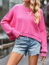 High-Low Long Sleeves Solid Color Split-Joint Split-Side Round-Neck Pullovers Sweater Tops