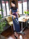 Navy Blue Printed Stand-collar Long Cheongsam