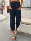 Loose Drawstring Elasticity Pleated Pockets Solid Color Ninth Pants Trousers