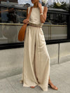 Loose Elasticity Solid Color Split-Joint Round-Neck Vest + High Waisted Split-Side Pants Two Pieces Set